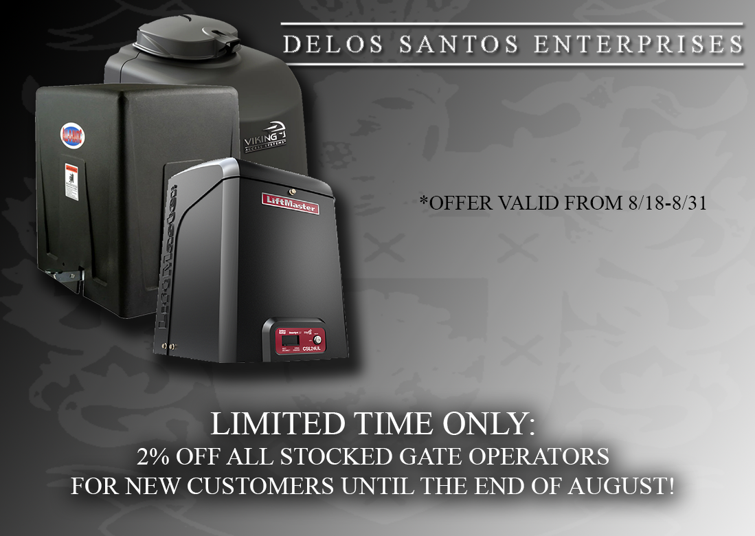 PROMOTIONAL: New Customer signups receive 2% off all stocked gate operators until the end of August